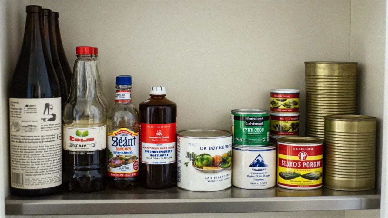 キッチンの棚に瓶や缶詰の食品を並べて備蓄している様子